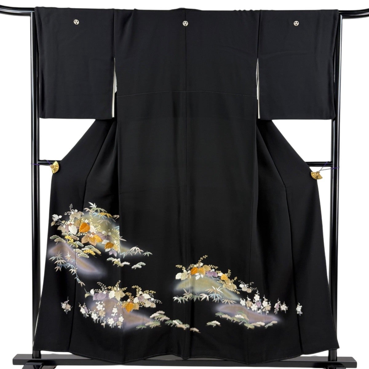 黒留袖 身丈159cm 裄丈64cm M 袷 建物 草花 金銀糸 ぼかし 黒 正絹 秀