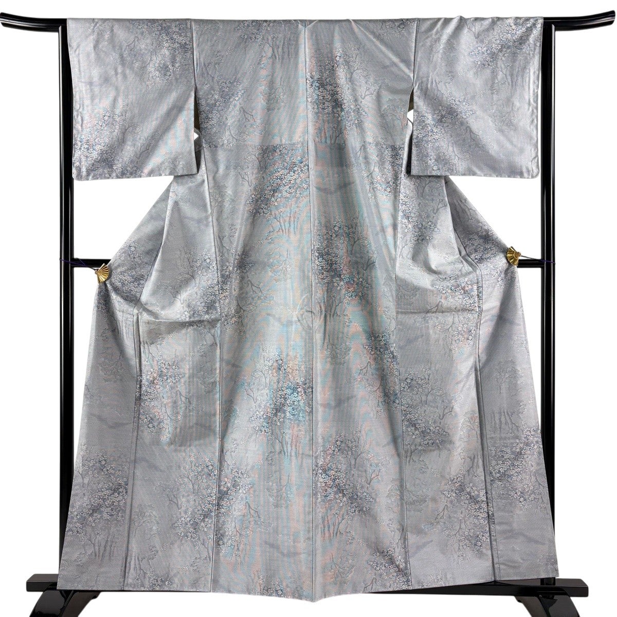 美品】 大島紬 身丈160cm 裄丈64.5cm M 袷 都喜ヱ門 証紙あり 枝花 青