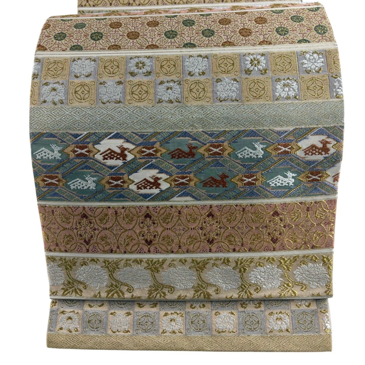 袋帯 逸品 河村織物 落款あり 名物裂重文 金銀糸 刺繍 薄茶色 六通