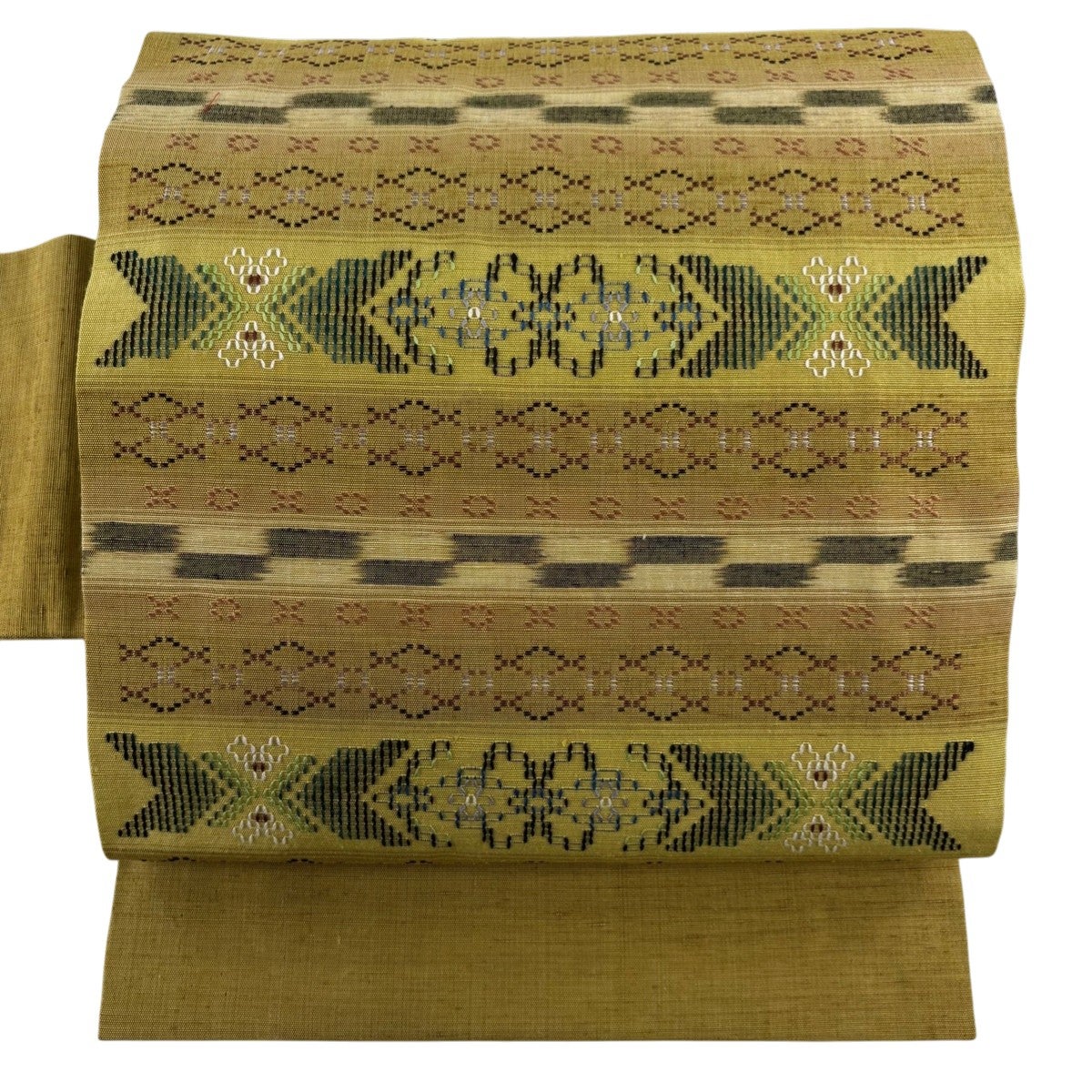 美品】 名古屋帯 逸品 草花 幾何学模様 花織 からし色 正絹｜中古