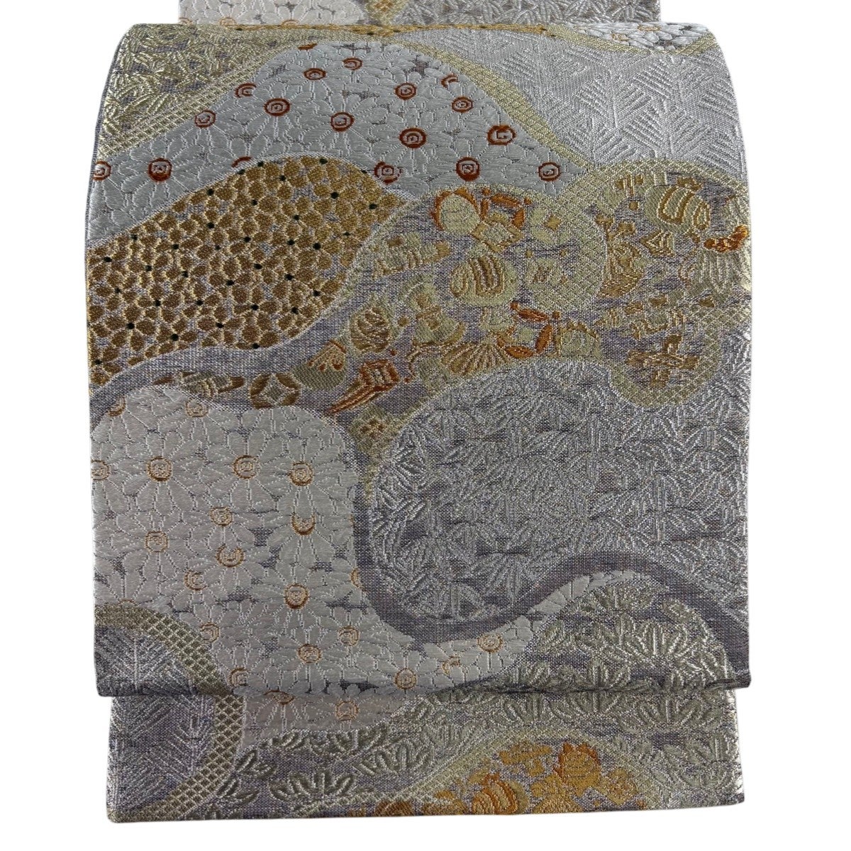 美品 袋帯 秀品 糸巻き 松竹梅 金銀糸 箔 金色 全通 正絹｜中古 A