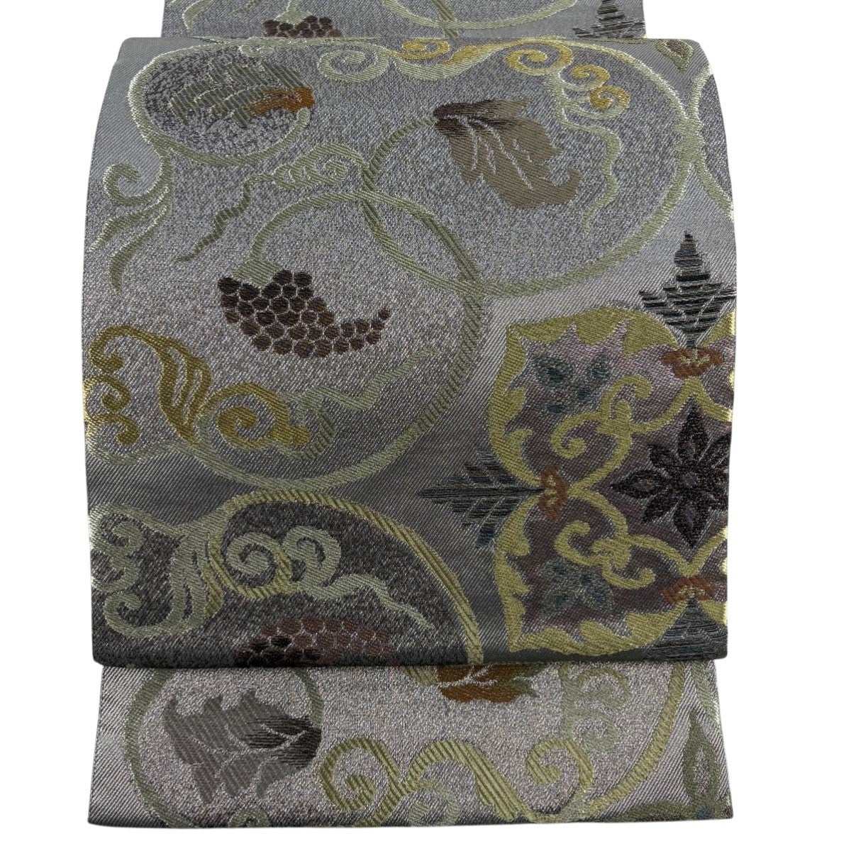 50%OFF 【美品】 袋帯 逸品 兆寿尽くし 葡萄唐草 華文 金銀糸 灰紫 六