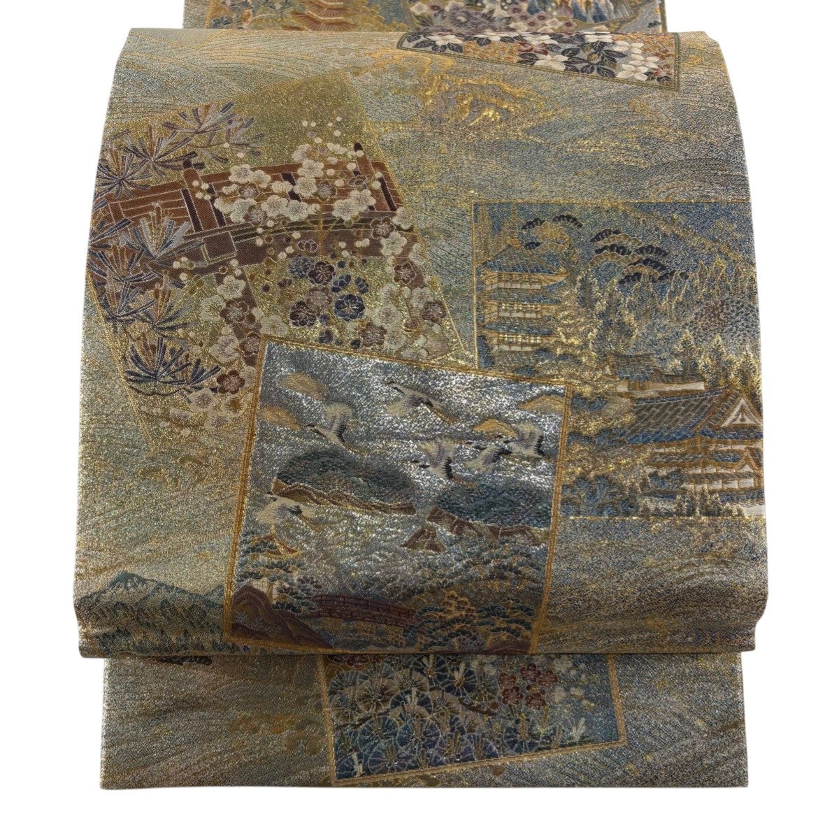 美品】 袋帯 逸品 24金プラチナ二重箔 廣重 東海道五拾三次 八種四百十