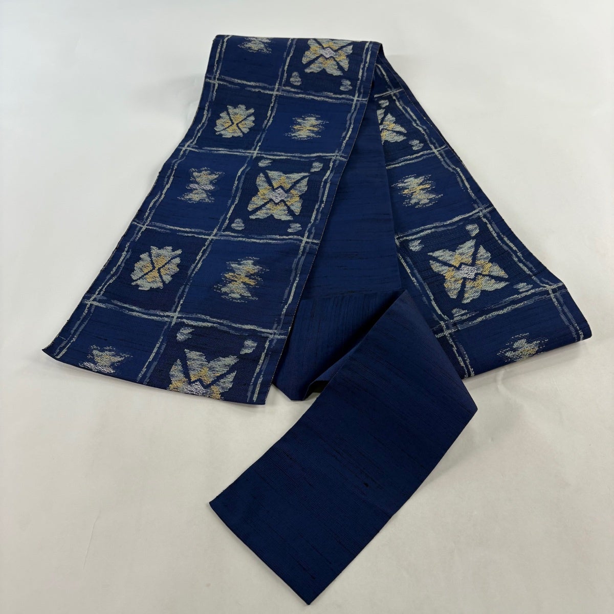 美品】 名古屋帯 優品 八寸名古屋帯 松葉仕立て 花 格子 紺色 正絹