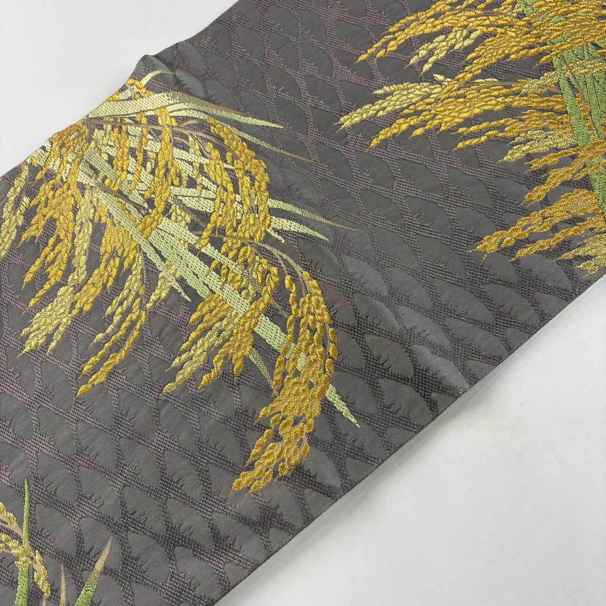 袋帯 逸品 山口美術織物 落款あり 早苗地稲穂文 箔 金糸 灰紫 六通
