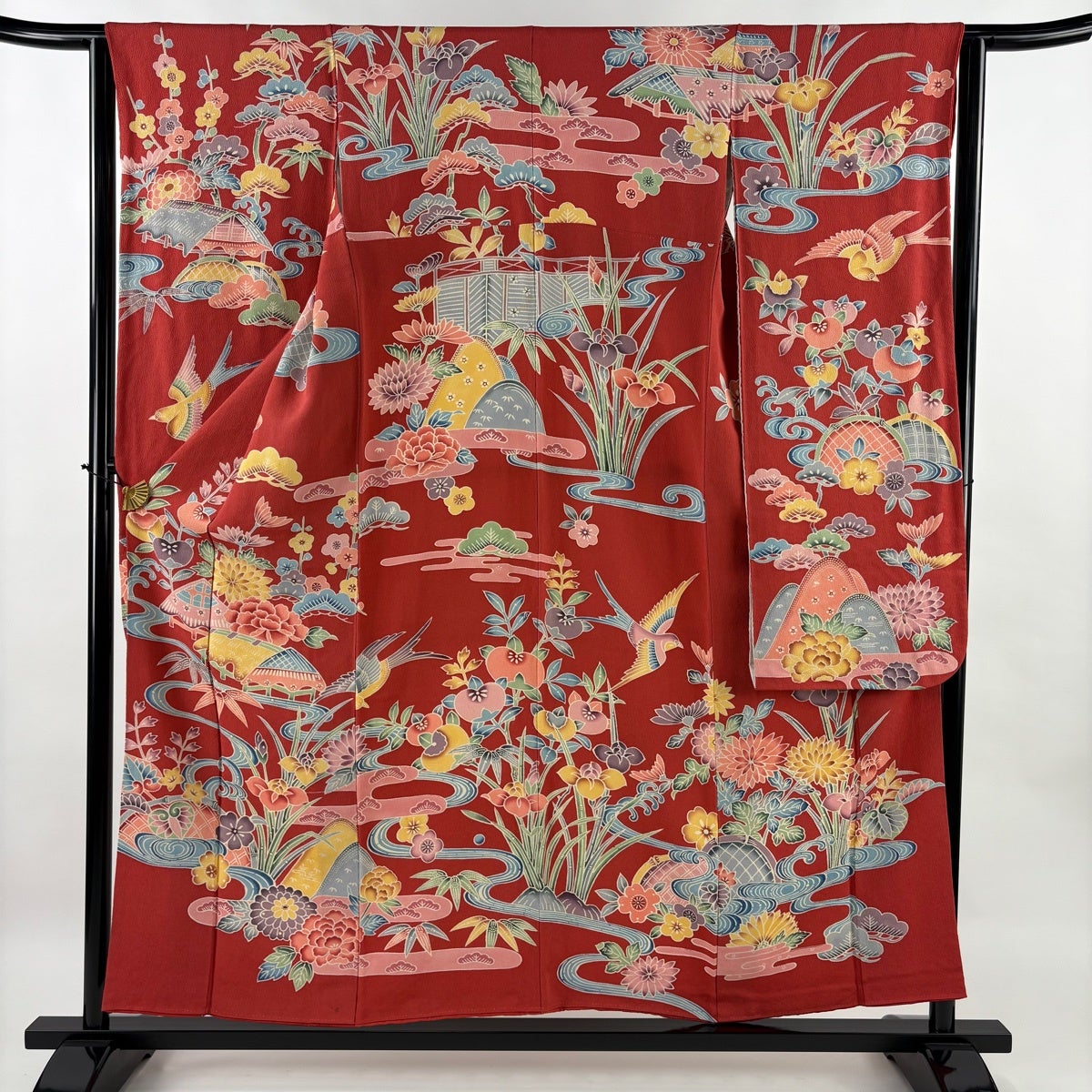 振袖 身丈154cm 裄丈66.5cm M 袷 尾長鳥 桜 刺繍 金糸 茜色 正絹 秀品