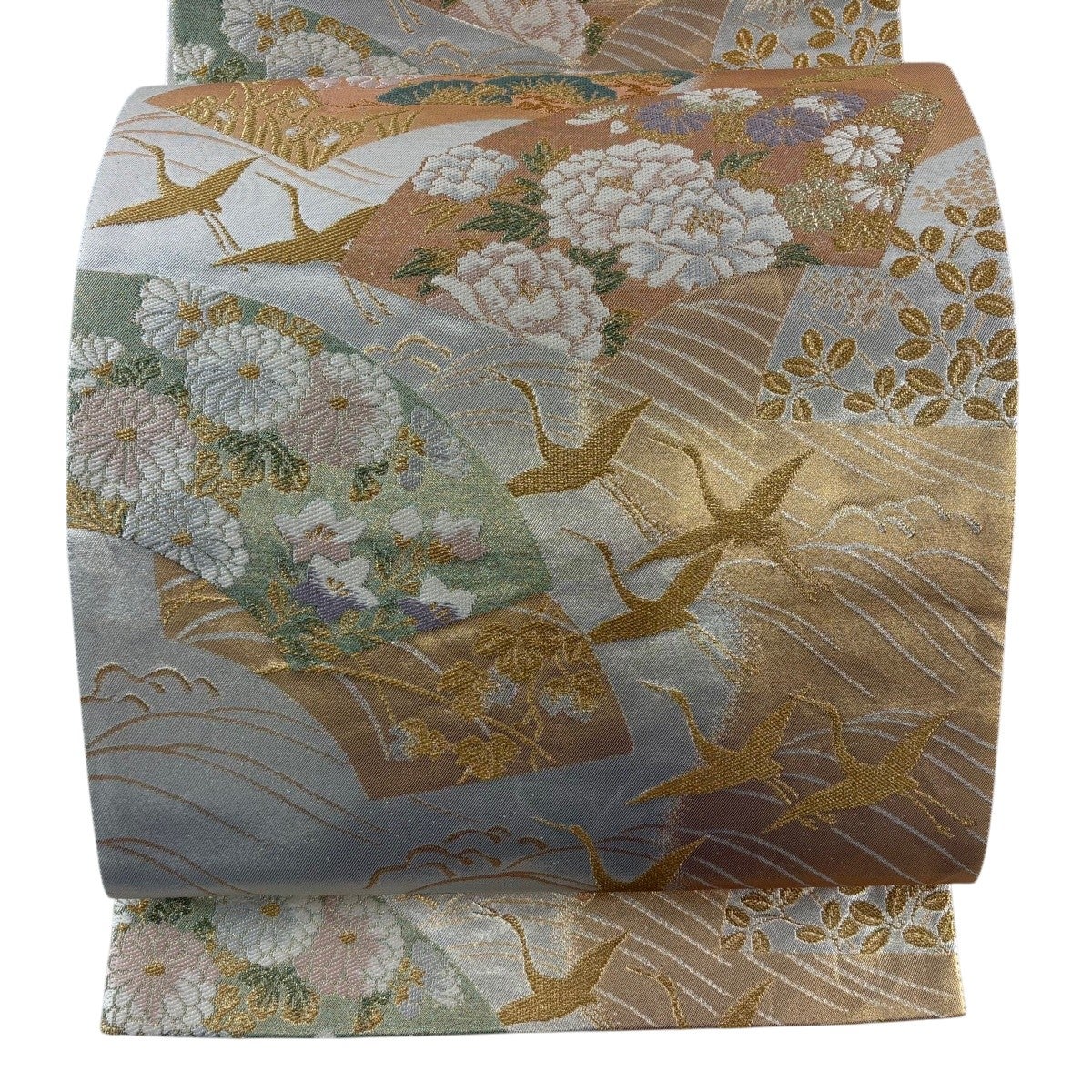 美品】 袋帯 秀品 扇面 花鳥 金糸 箔 銀色 六通 正絹｜中古・古着