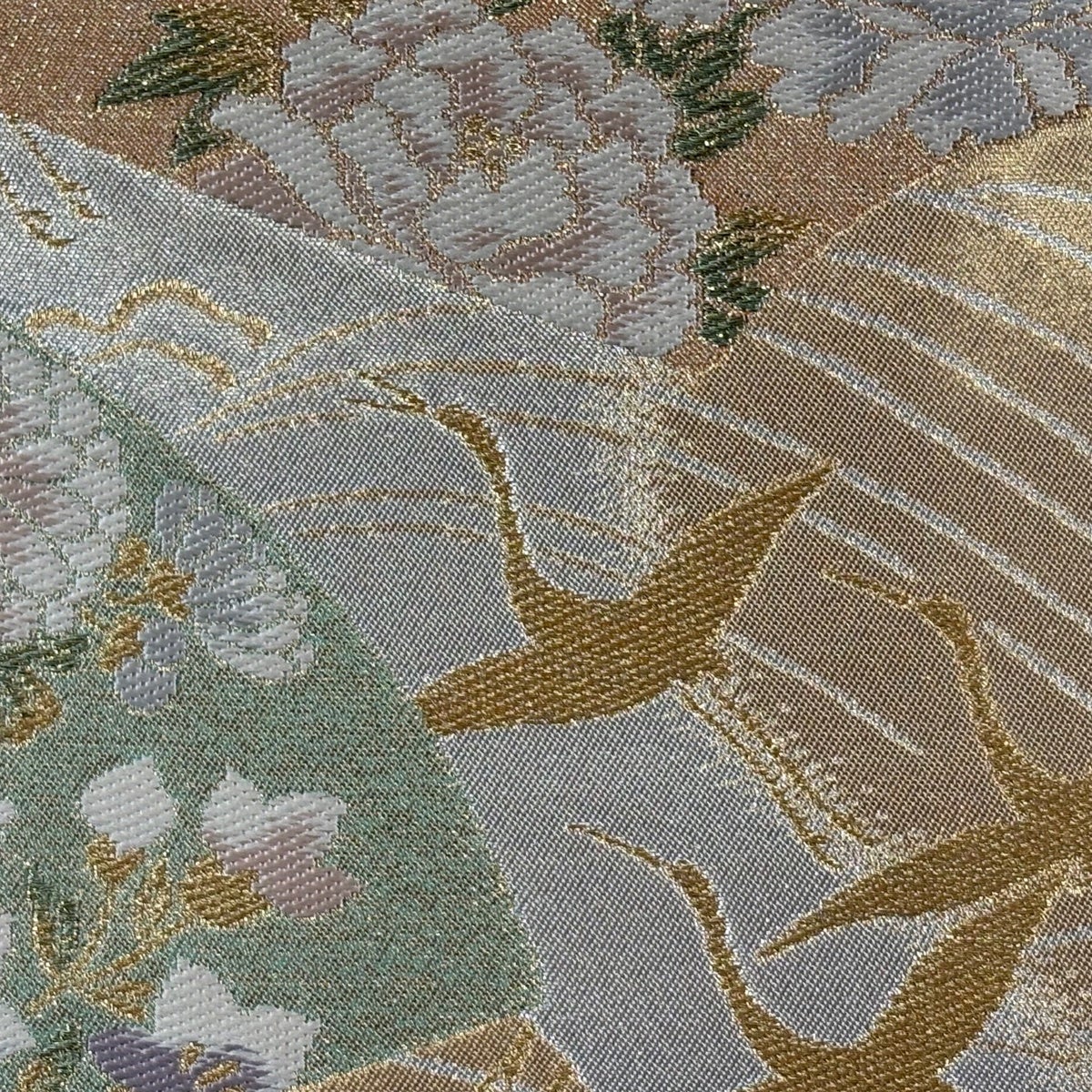 美品】 袋帯 秀品 扇面 花鳥 金糸 箔 銀色 六通 正絹｜中古・古着