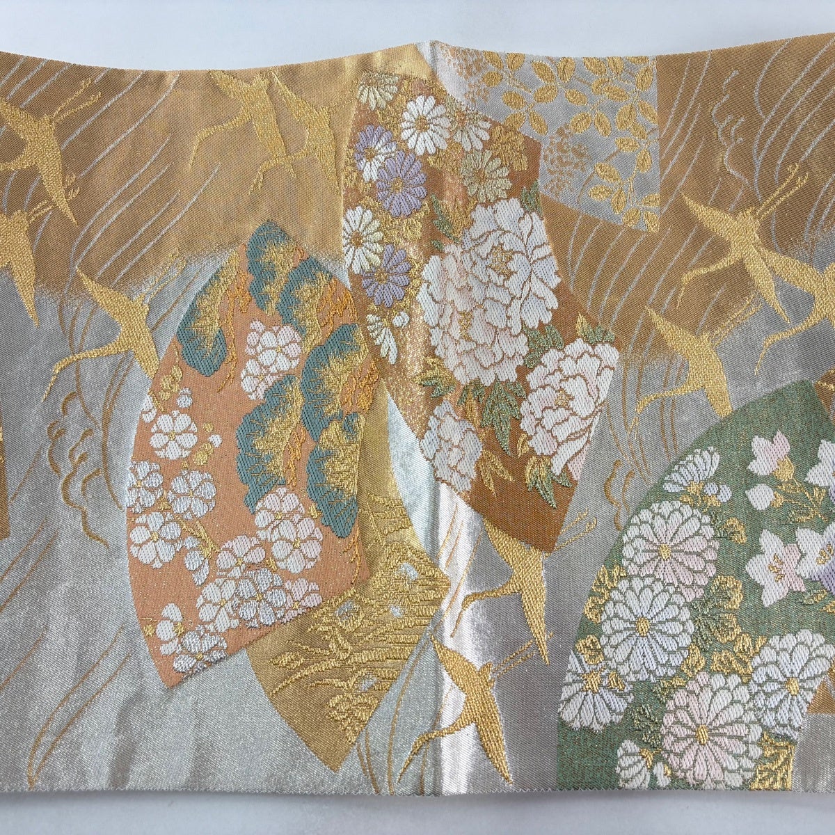 美品】 袋帯 秀品 扇面 花鳥 金糸 箔 銀色 六通 正絹｜中古・古着