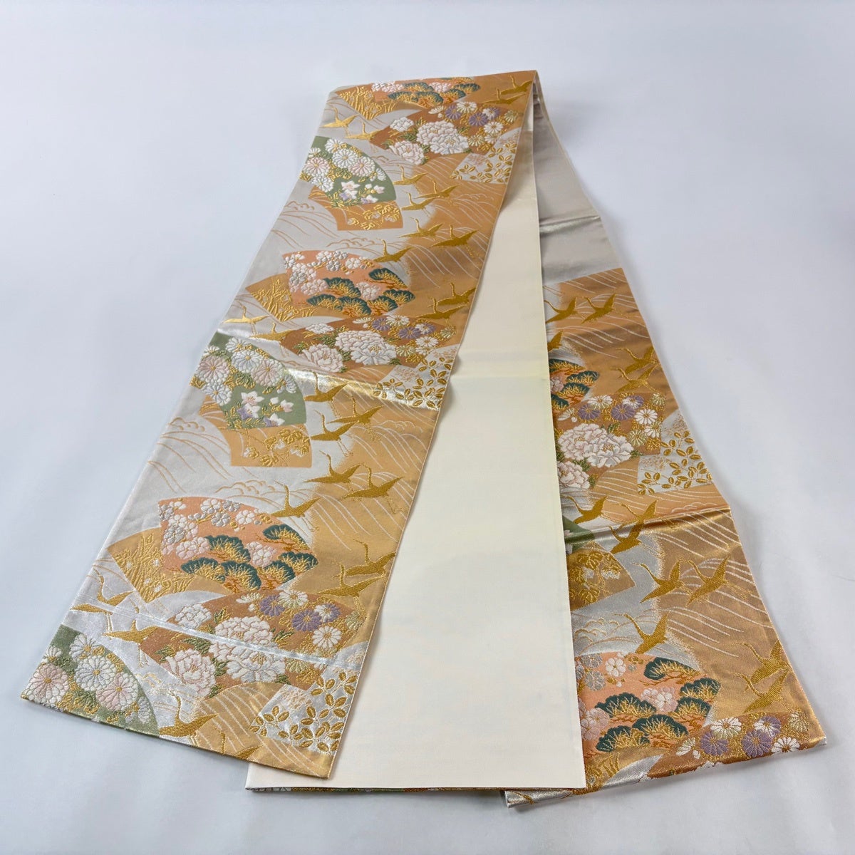美品】 袋帯 秀品 扇面 花鳥 金糸 箔 銀色 六通 正絹｜中古・古着