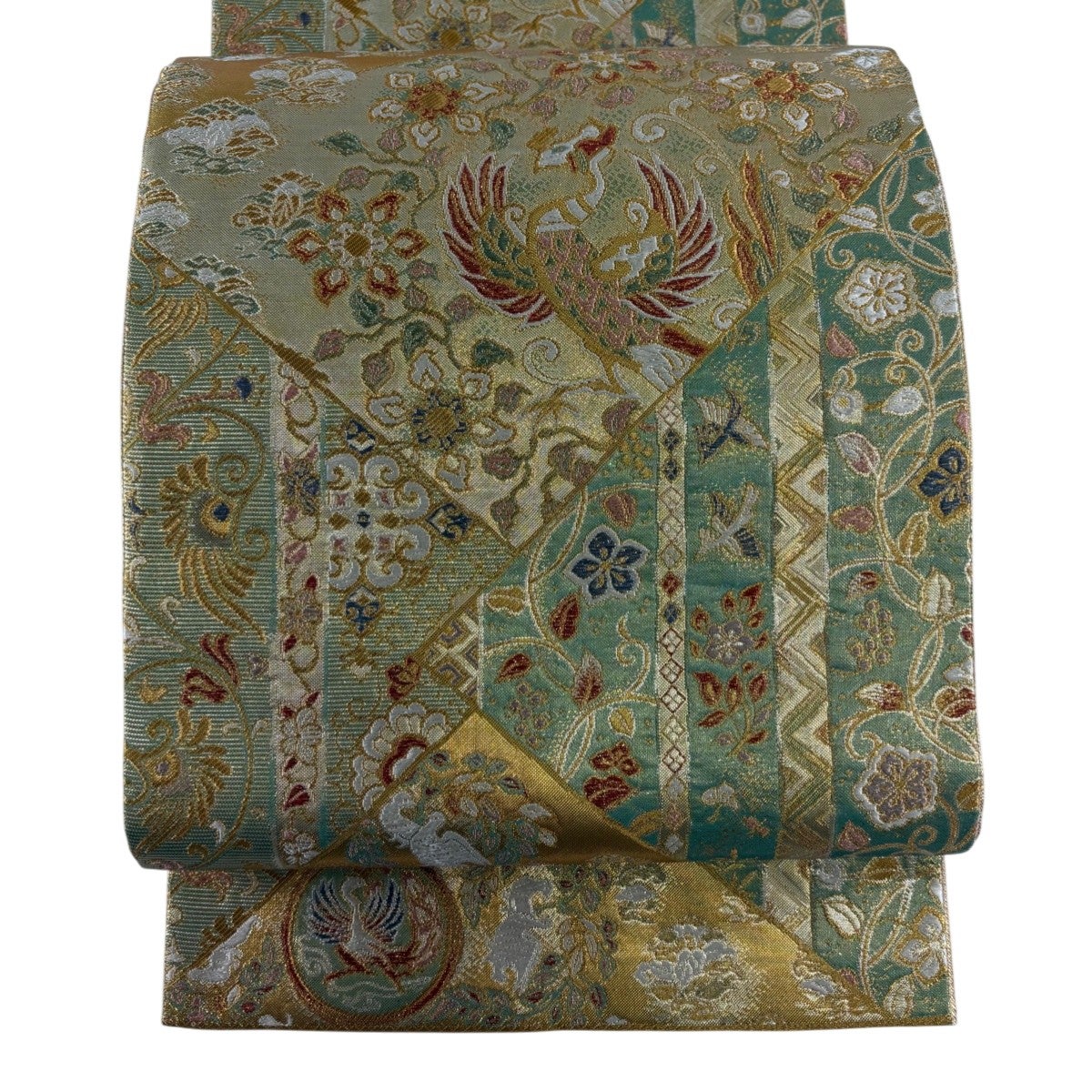 美品 袋帯 秀品 関西仕立て 鳳凰 草花 金糸 箔 金色 六通 正絹｜中古