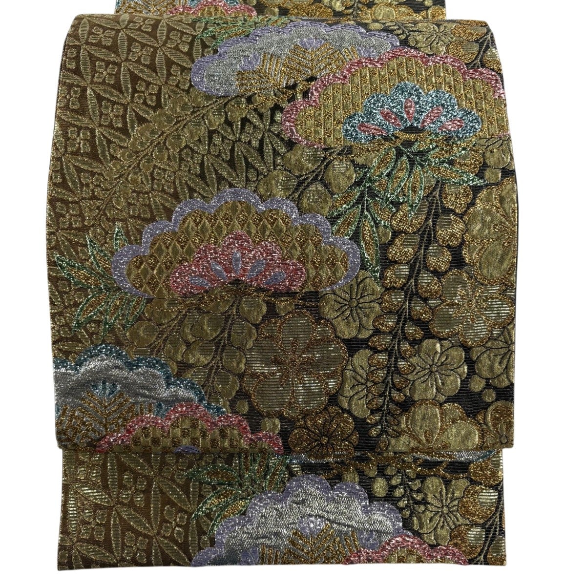 最終価格】 70%OFF 袋帯 秀品 梅 笹 金糸 刺繍 金色 六通 正絹 K70