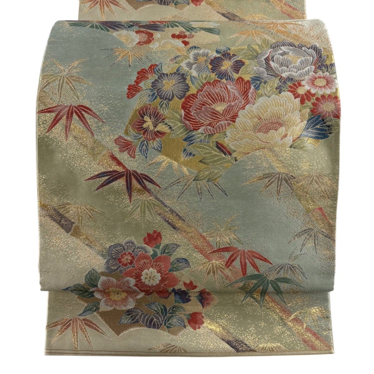 美品】 袋帯 秀品 扇面 牡丹 箔 金茶 六通 正絹｜中古・古着