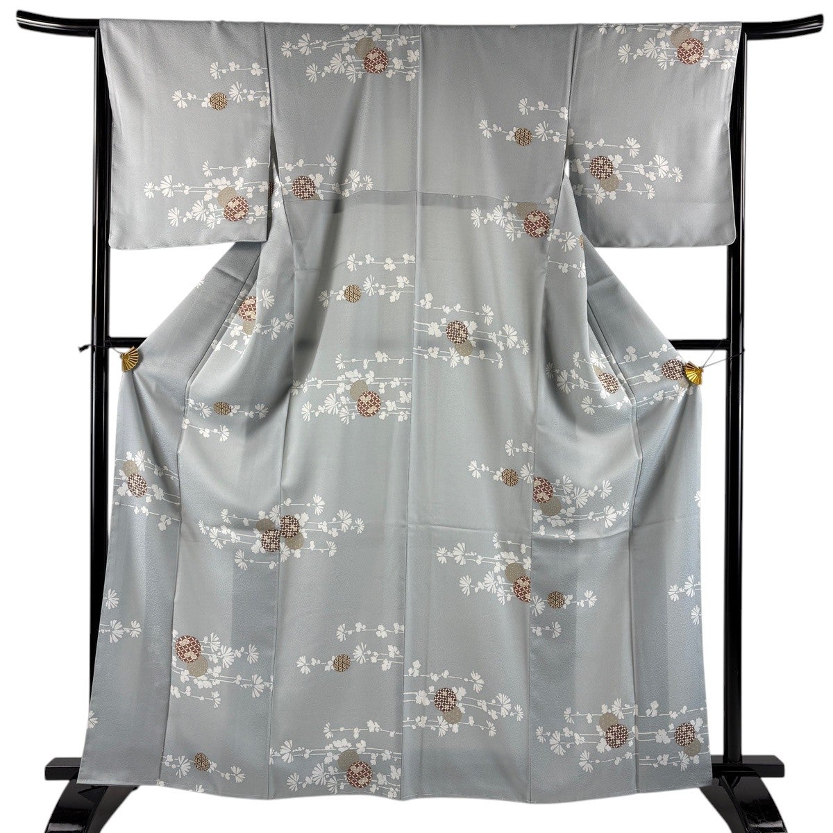 【美品】小紋 辻ヶ花 草花 着物 袷 正絹 身丈153 裄61 モスグリーン 小紋 身丈165cm 裄丈65cm M 袷 洗える着物 草花 丸文 青灰色 化繊 優品