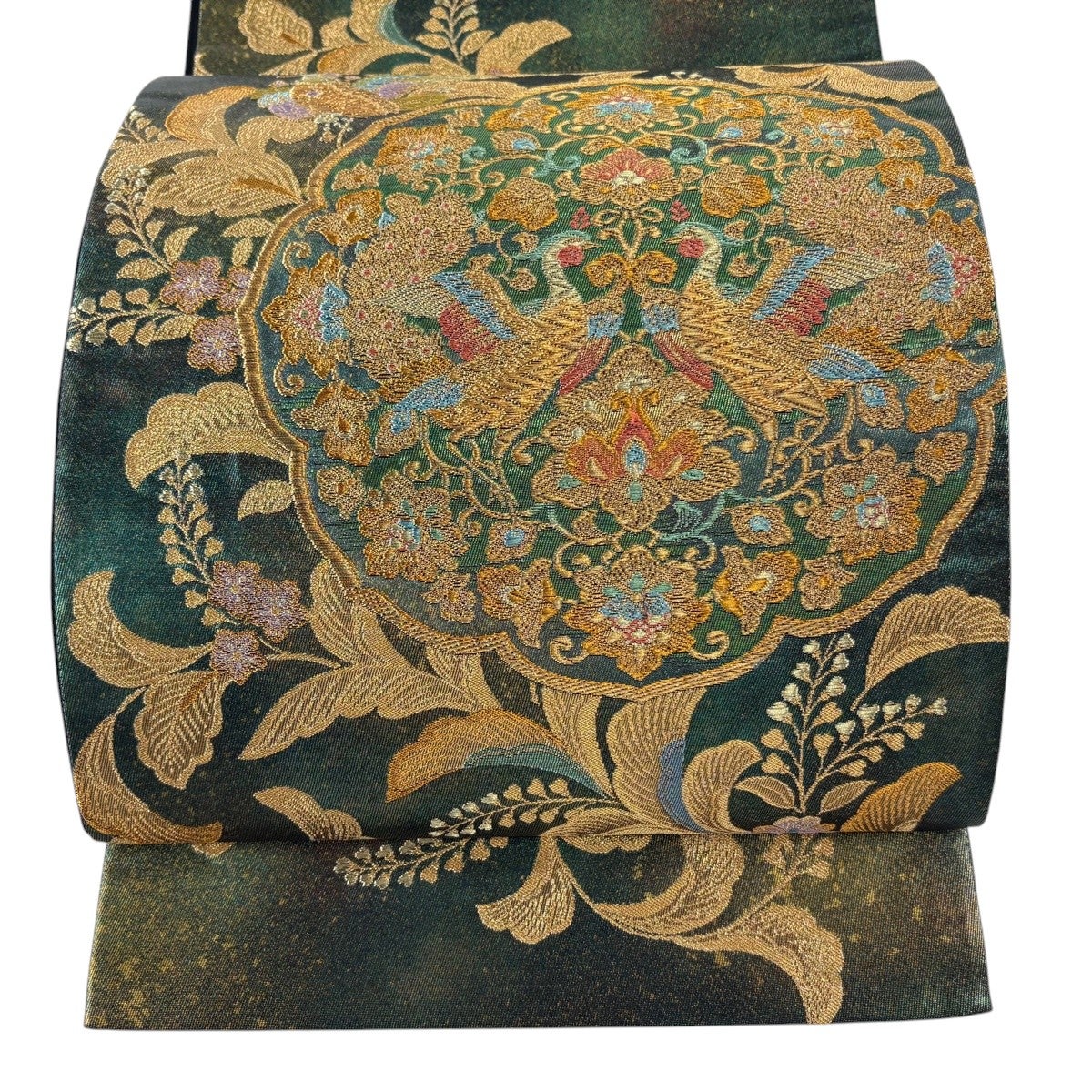 美品】 袋帯 秀品 鳳凰唐草華文 金糸 箔 緑 お太鼓柄 正絹｜中古・古着