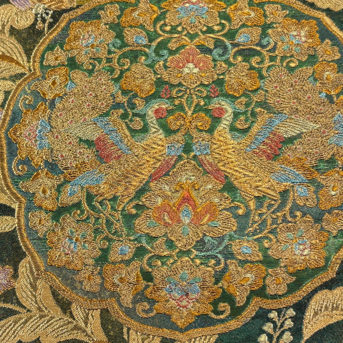 美品】 袋帯 秀品 鳳凰唐草華文 金糸 箔 緑 お太鼓柄 正絹｜中古・古着