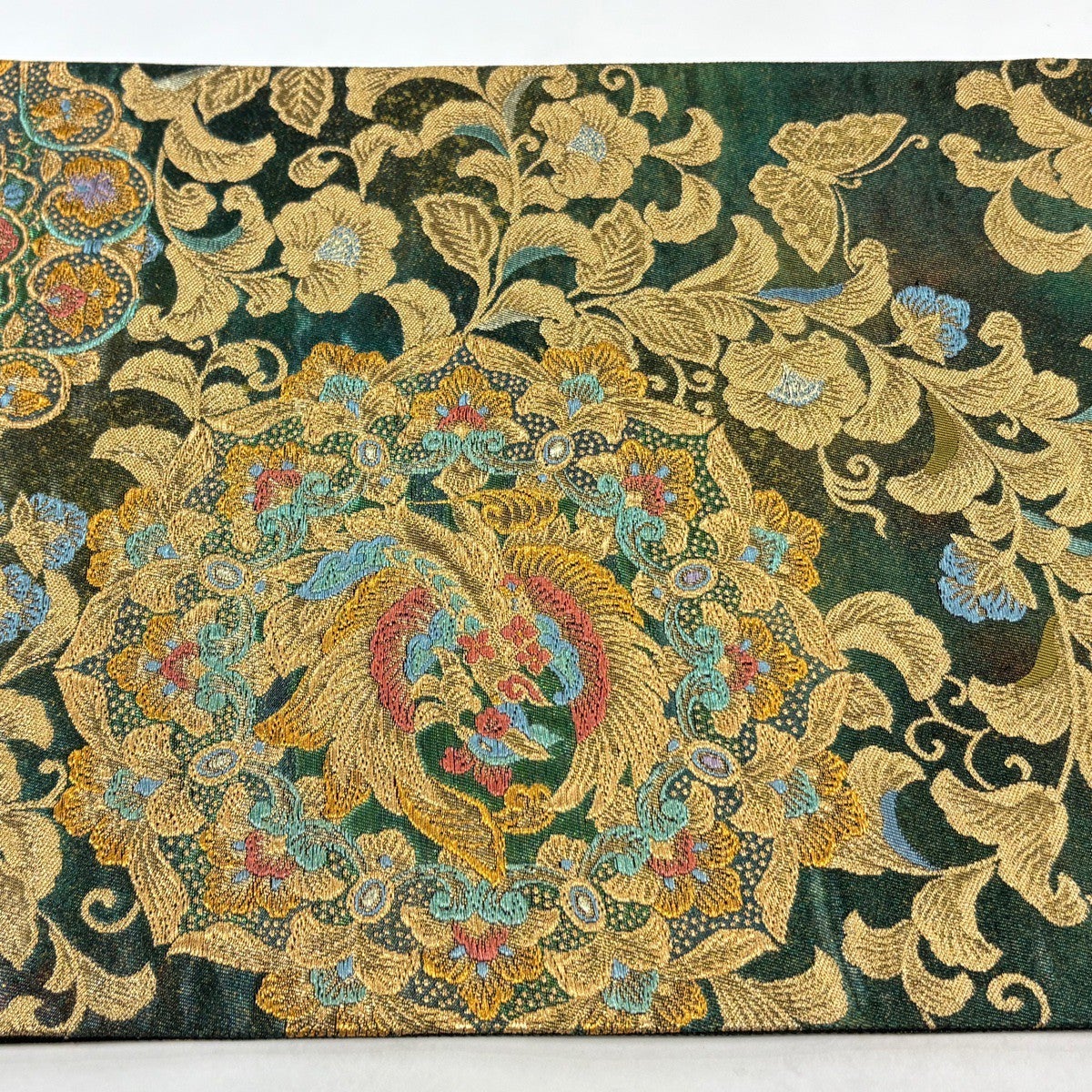 美品】 袋帯 秀品 鳳凰唐草華文 金糸 箔 緑 お太鼓柄 正絹｜中古・古着