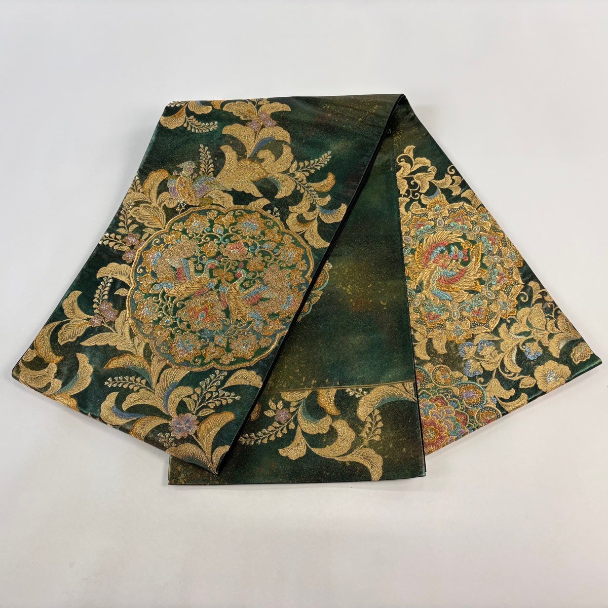 美品】 袋帯 秀品 鳳凰唐草華文 金糸 箔 緑 お太鼓柄 正絹｜中古・古着