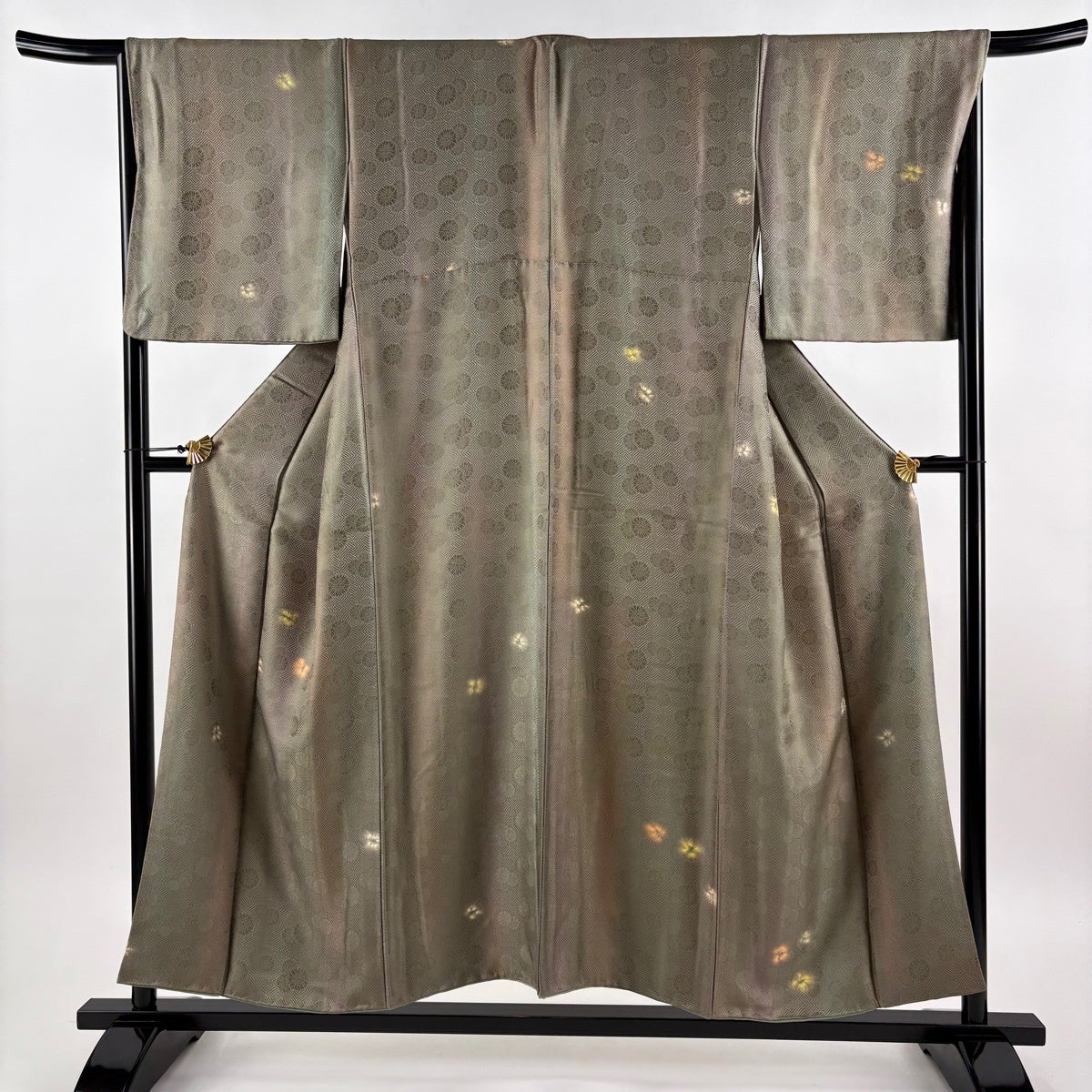 小紋 身丈163cm 裄丈67.5cm L 袷 鯨 地紋 灰緑 正絹 逸品｜中古・古着