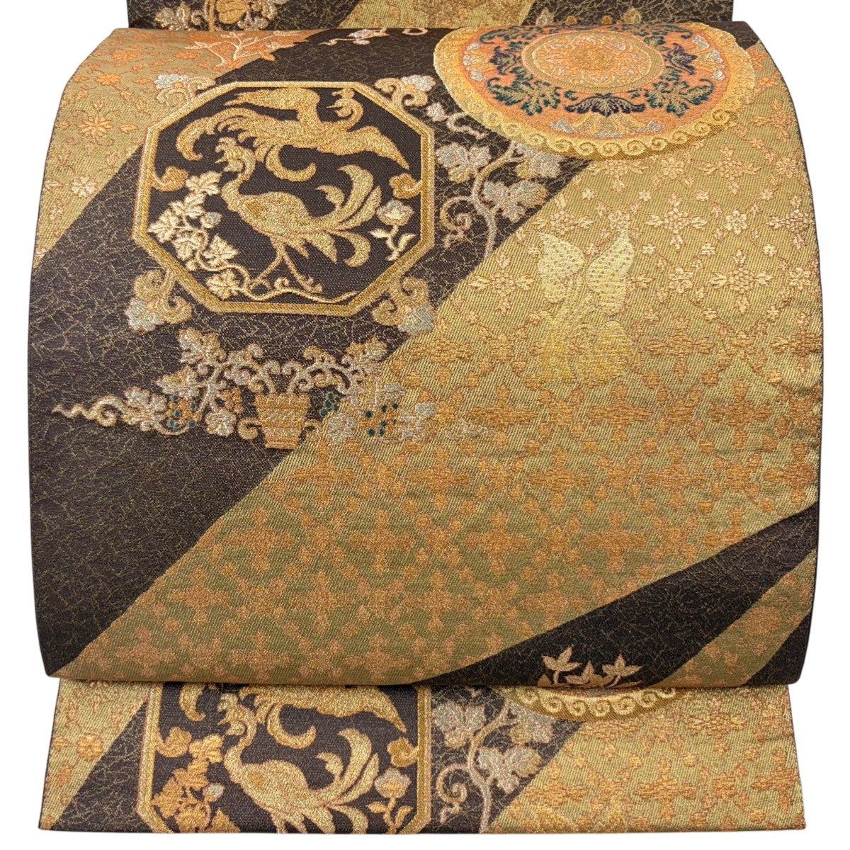 袋帯 花唐草に丸模様 金通し 金銀糸 黒色 O-3684 袋帯 花唐草に丸模様 金通し 金銀糸 黒色 O-3684 着物 きもの kimono