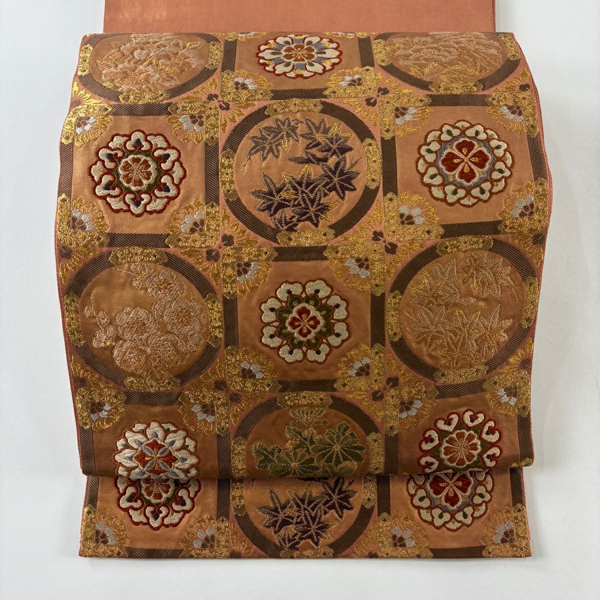 袋帯 名品 加納幸 落款あり 華文 向鳥 金糸 箔 金色 お太鼓柄 正絹