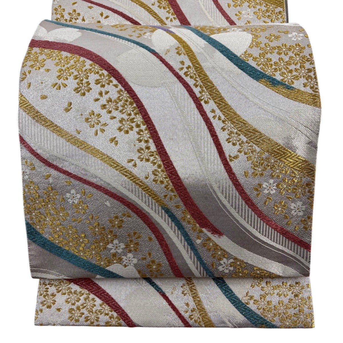 美品】 袋帯 秀品 菊 桜 金銀糸 箔 銀色 六通 正絹｜中古・古着