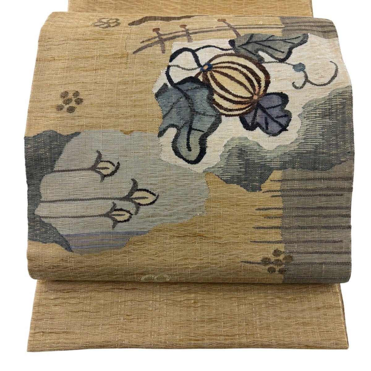 美品】 名古屋帯 秀品 土の香り 野菜 生り物 箔 茶緑色 正絹｜中古