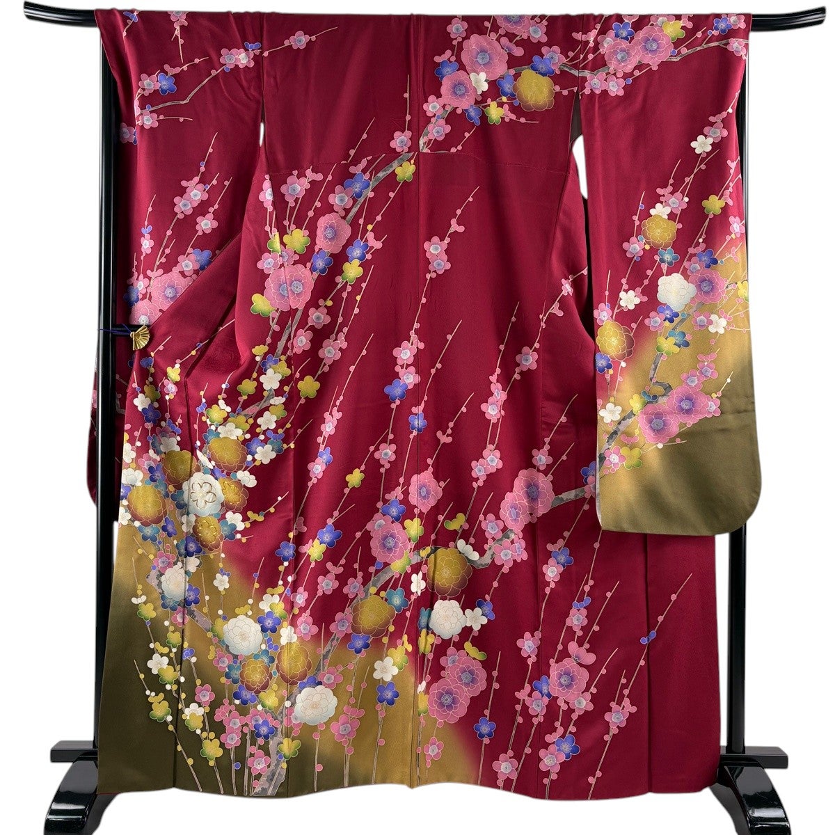 50%OFF 振袖 身丈163cm 裄丈68cm L 袷 桜 誰が袖 金糸 金彩 えんじ色