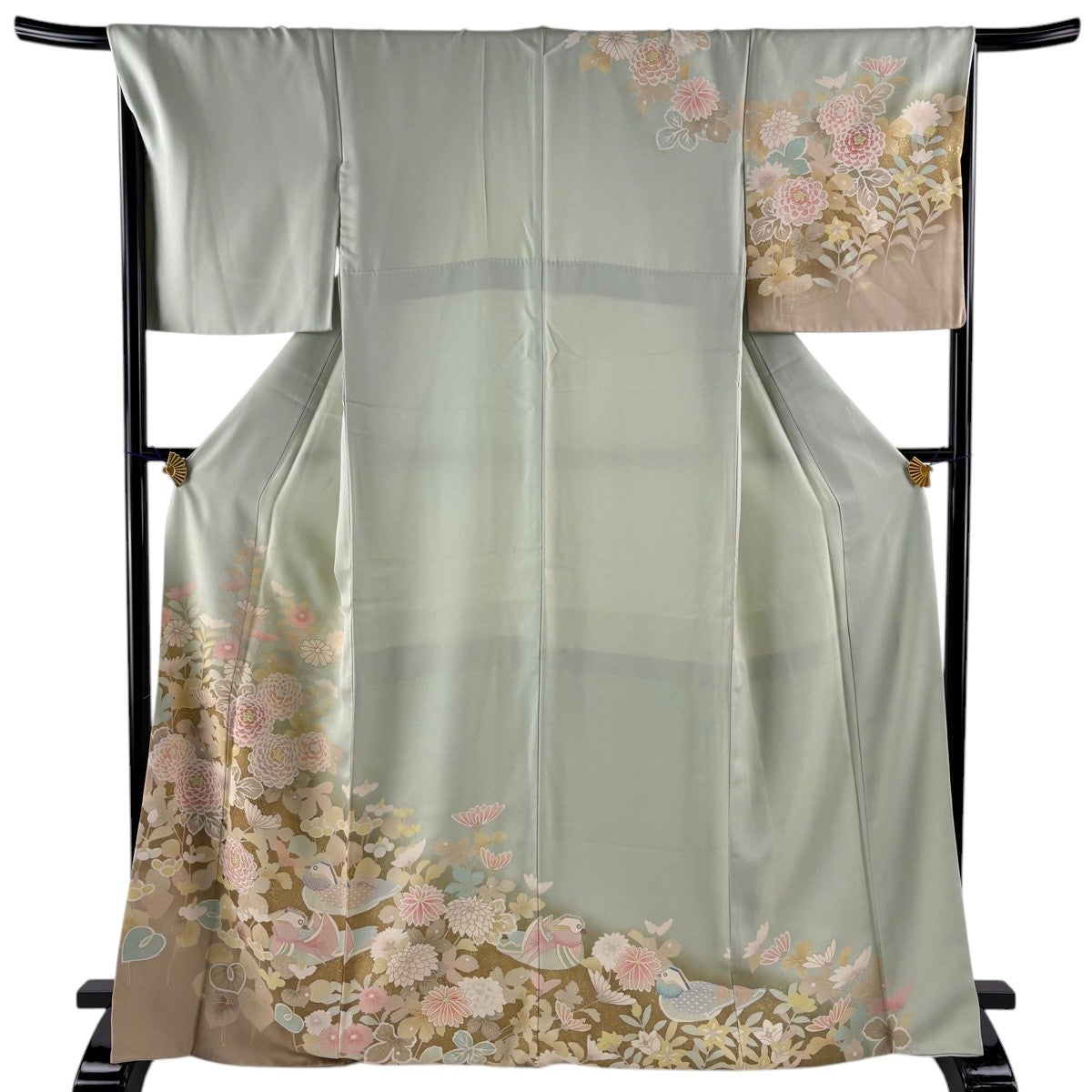 訪問着 身丈169cm 裄丈69cm L 袷 菊 松梅 金銀彩 金糸 薄緑 正絹 秀品