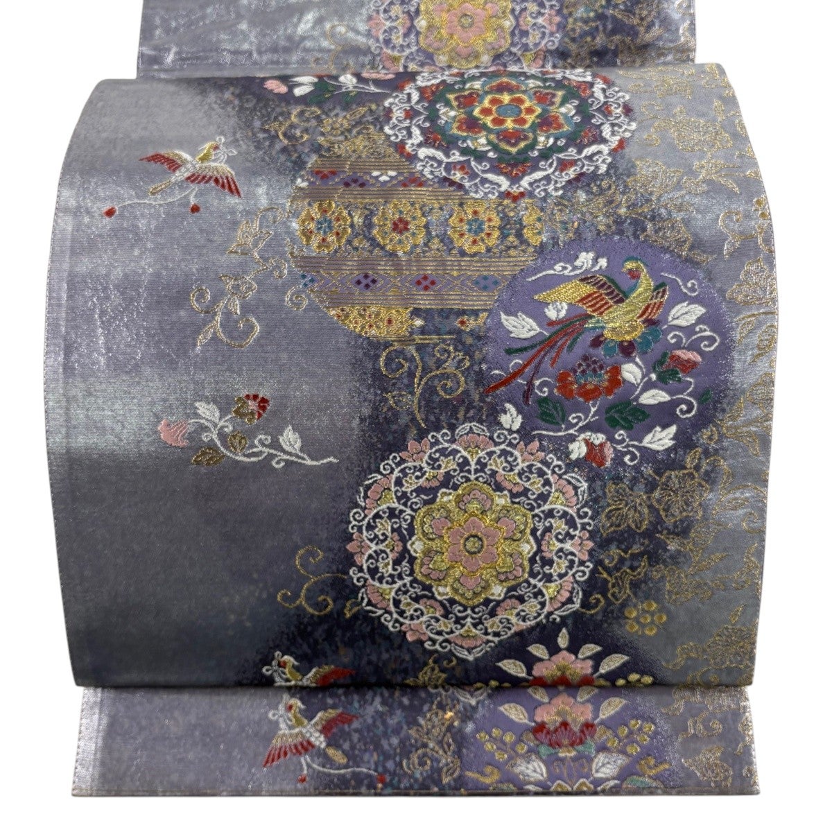 美品】 袋帯 秀品 関西仕立て 正倉院丸文 華文 金糸 箔 銀色 六通 正絹