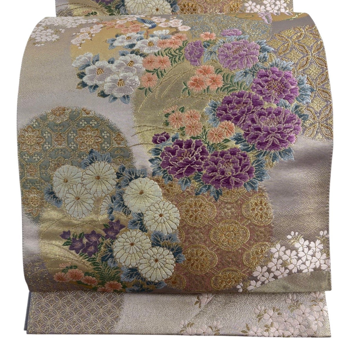 美品】 袋帯 逸品 じゅらく じゅらく帝王紫 草花 蜀江文 金糸 箔 灰紫