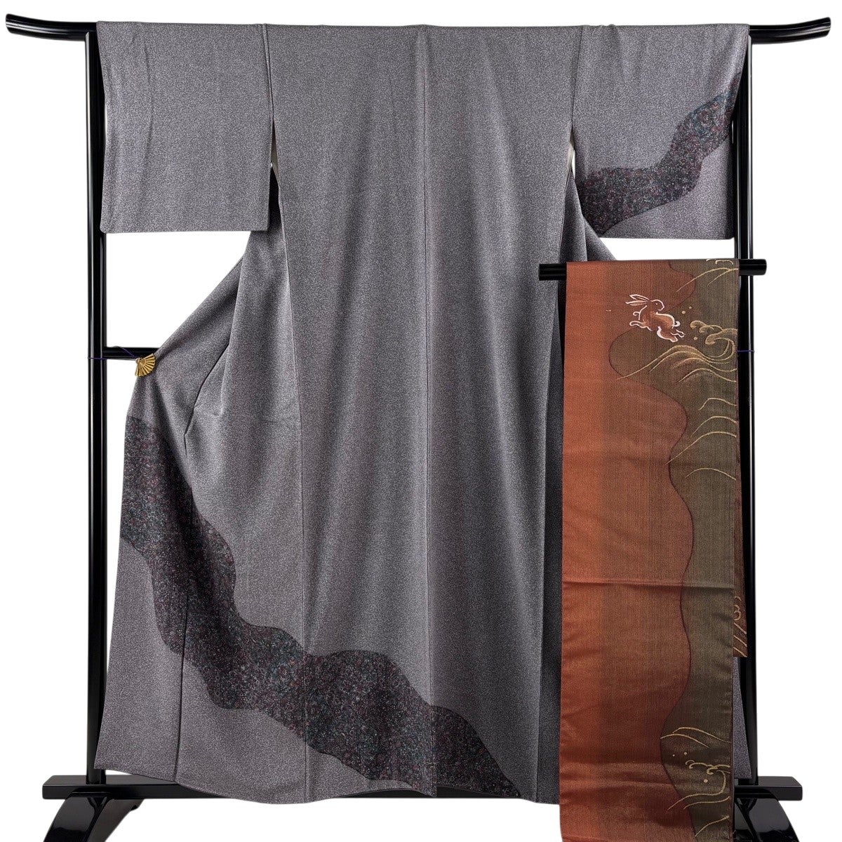 訪問着セット 訪問着と袋帯２点セット 身丈158cm 裄丈63cm 美品】 付下げ 身丈158cm 裄丈65cm M 袷 袋帯セット 草花 道長取り 灰