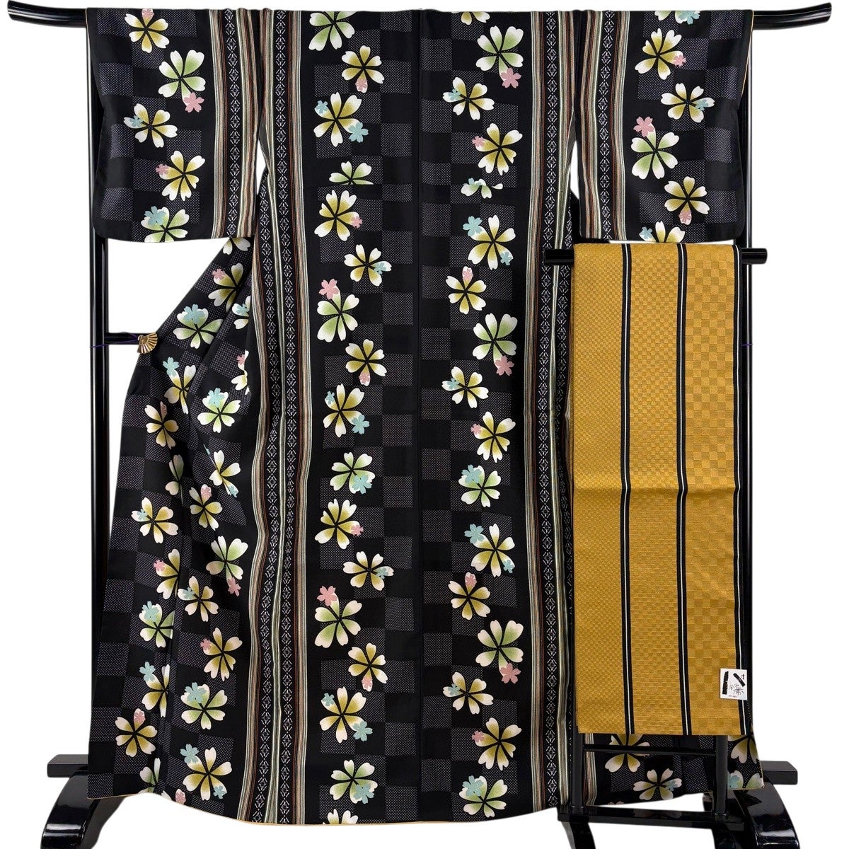 単衣の小紋 花輪つなぎ柄 中古 丈165ｃｍ KO-03 美品】 小紋 身丈165cm 裄丈66.5cm M 袷 名古屋帯セット 洗える着物 花