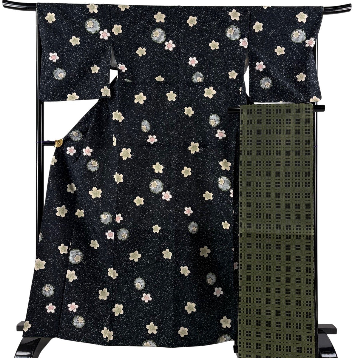 美品】 小紋 身丈166cm 裄丈68.5cm L 袷 袋帯セット 洗える着物 桜 雪
