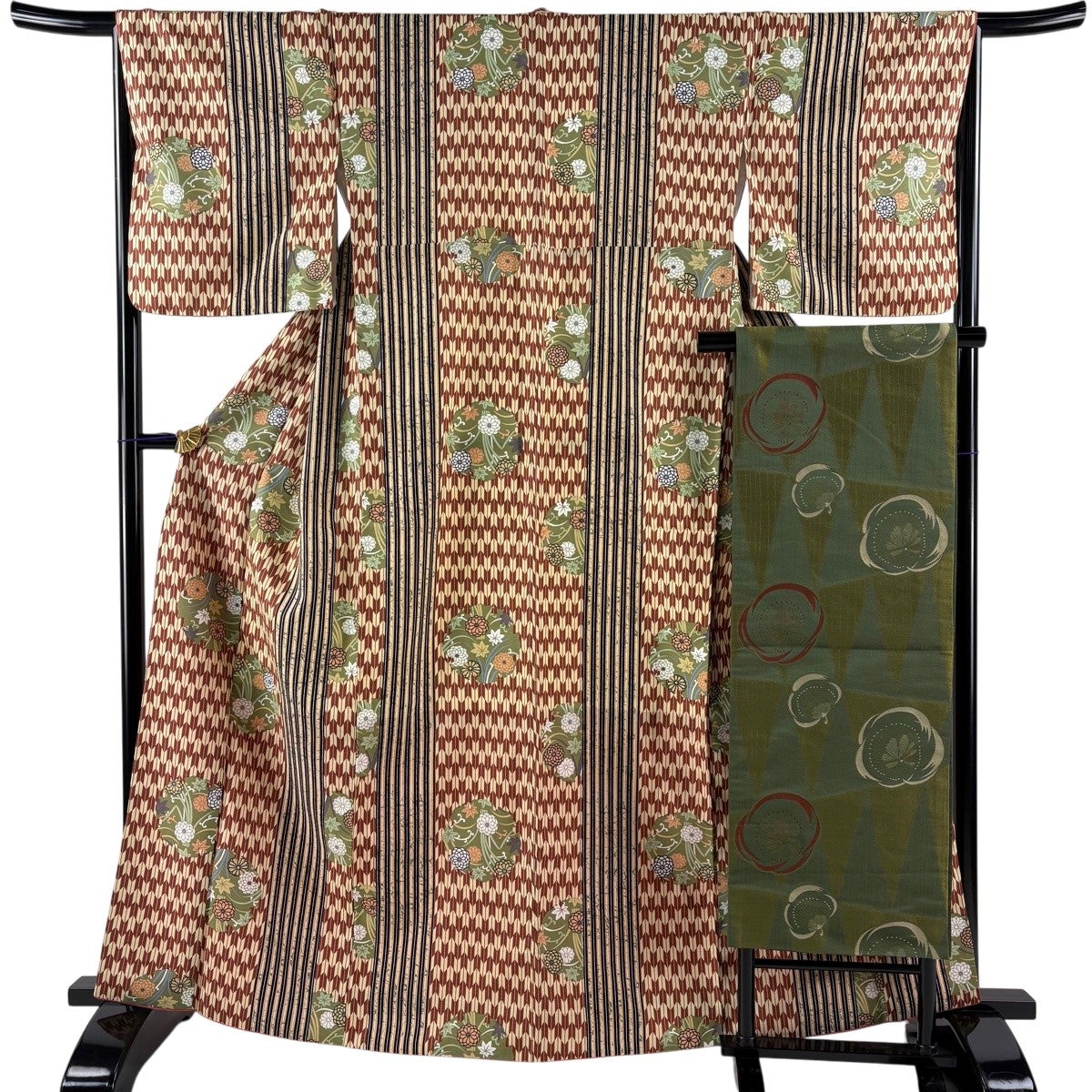 美品】 小紋 身丈163cm 裄丈66.5cm M 袷 名古屋帯セット 洗える着物 菊