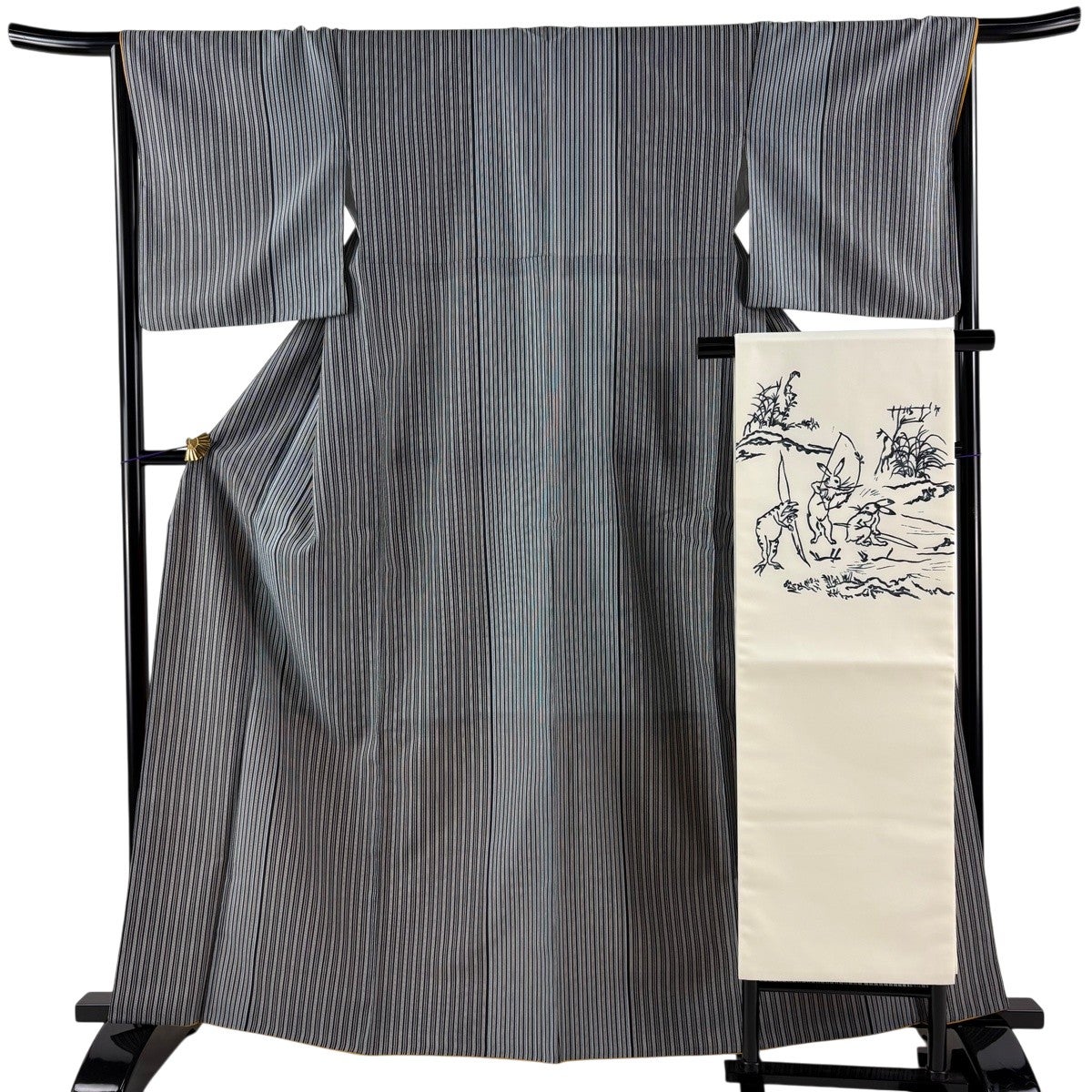 小紋の華やかなお着物　正絹　着丈161 裄丈64 黒 美品】 小紋 身丈162cm 裄丈66.5cm M 袷 名古屋帯セット 洗える着物 縞