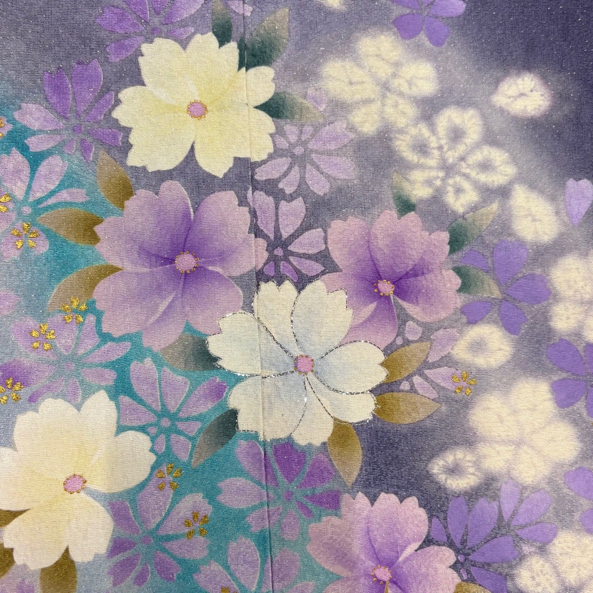 振袖 身丈171cm 裄丈69cm L 袷 桜 花びら 銀通し 箔 灰紫 正絹 逸品