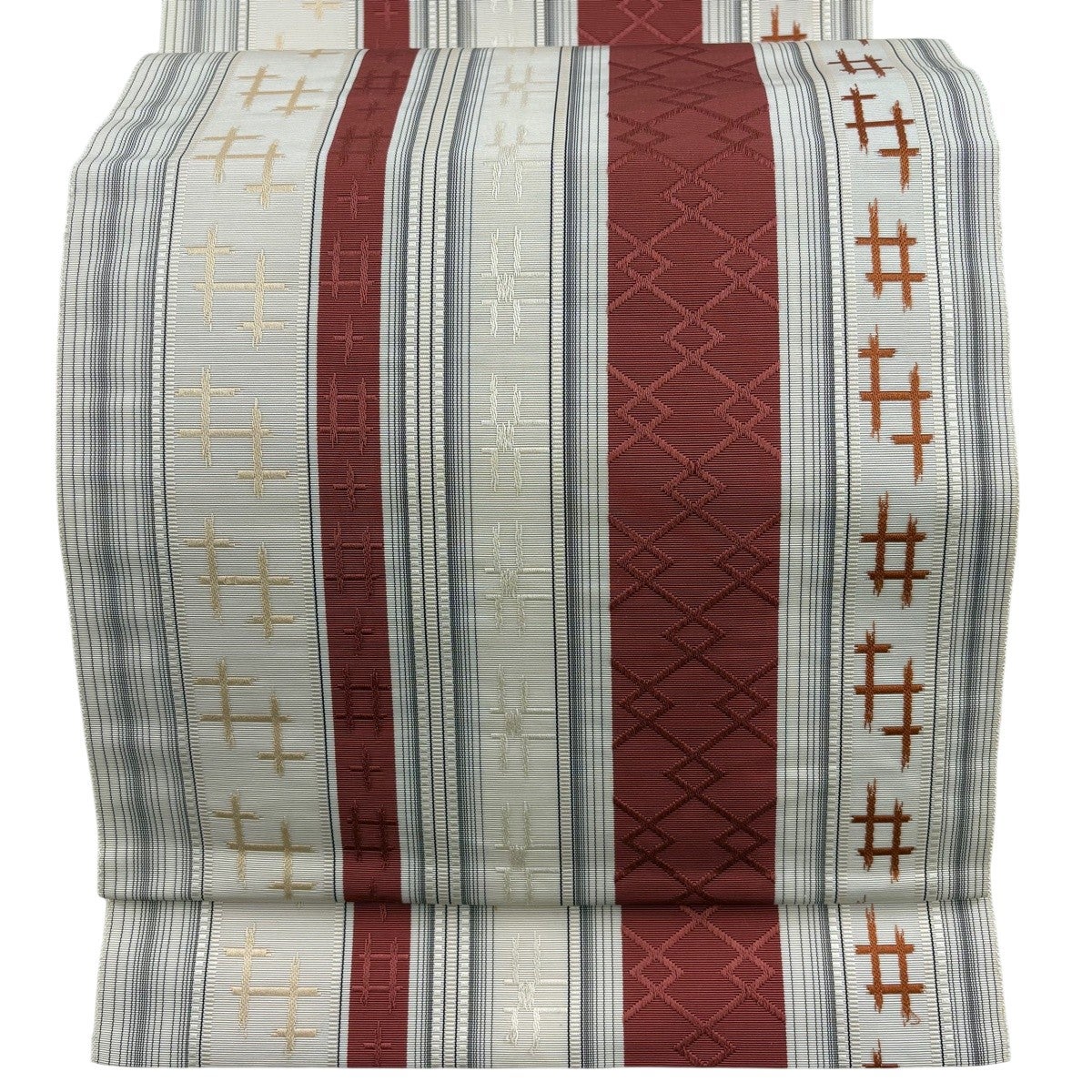 美品】 名古屋帯 秀品 夏帯 縦絽 八寸名古屋帯 松葉仕立て 縞 クリーム