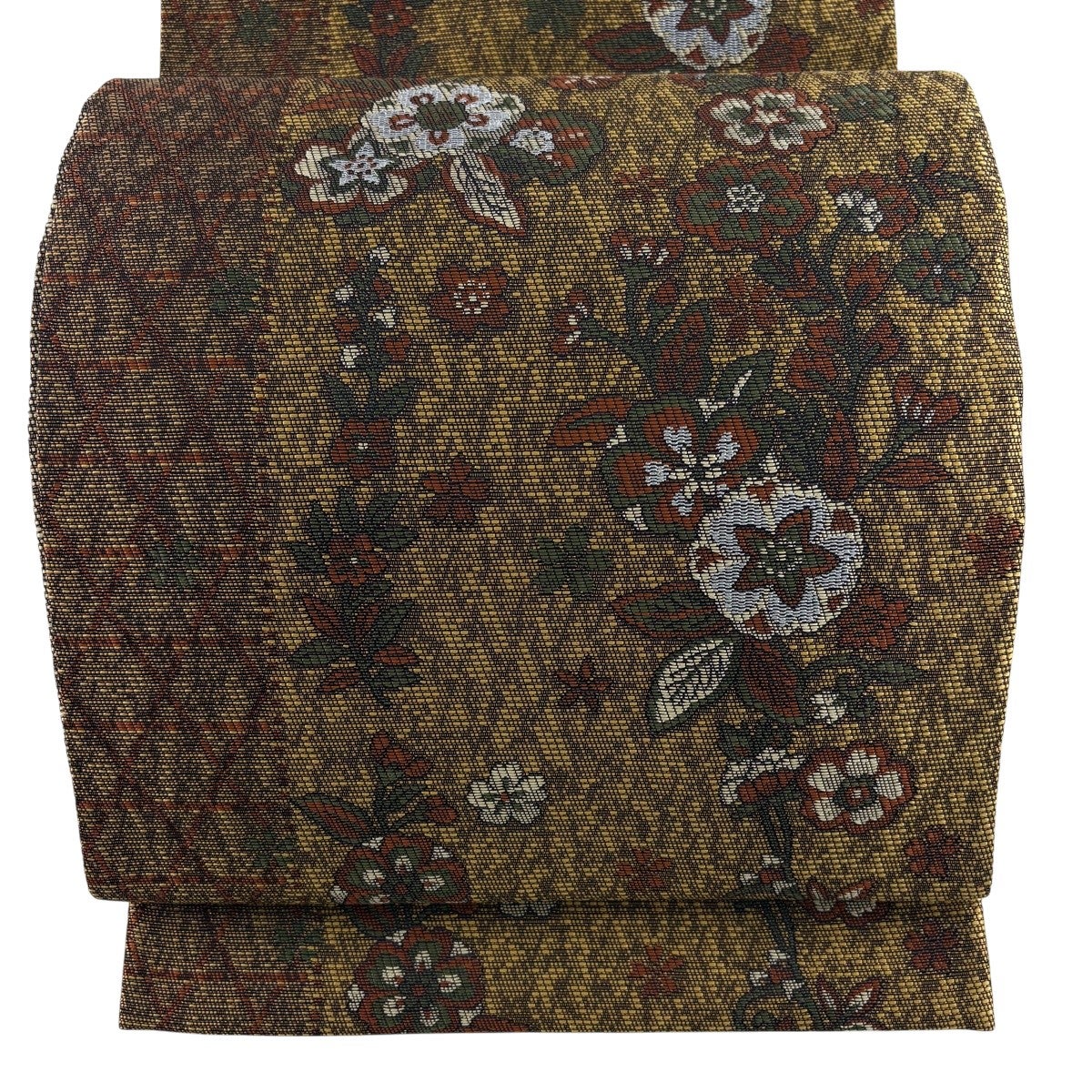 美品】 袋名古屋帯 優品 草花 箔 銀糸 黄土色 六通 正絹｜中古・古着