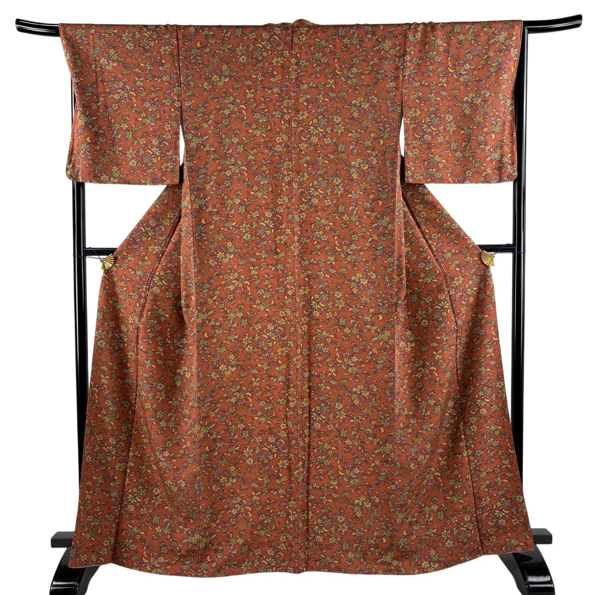 美品】 小紋 身丈158cm 裄丈61cm S 袷 御所車 紅葉 赤茶 正絹 優品