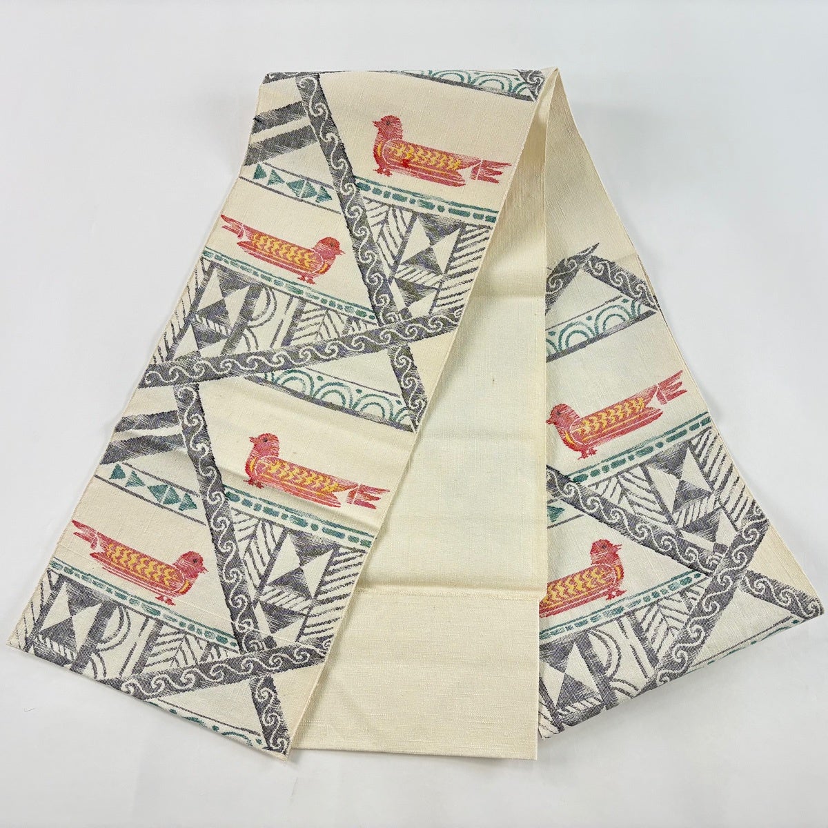 美品】 名古屋帯 優品 八寸名古屋帯 松葉仕立て 鳥 幾何学模様