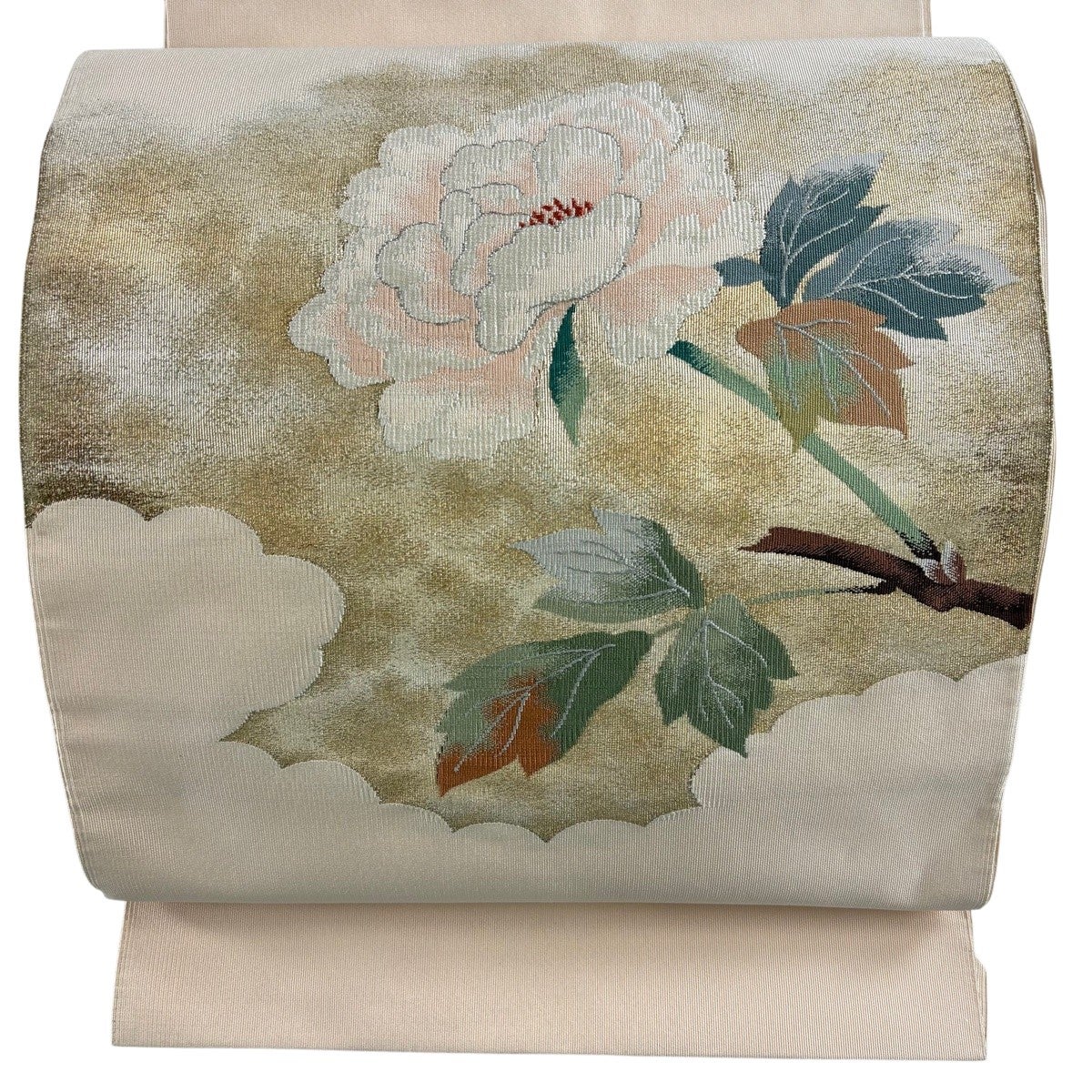 名古屋帯 優品 八寸名古屋帯 松葉仕立て 牡丹 金銀糸 薄ピンク 正絹