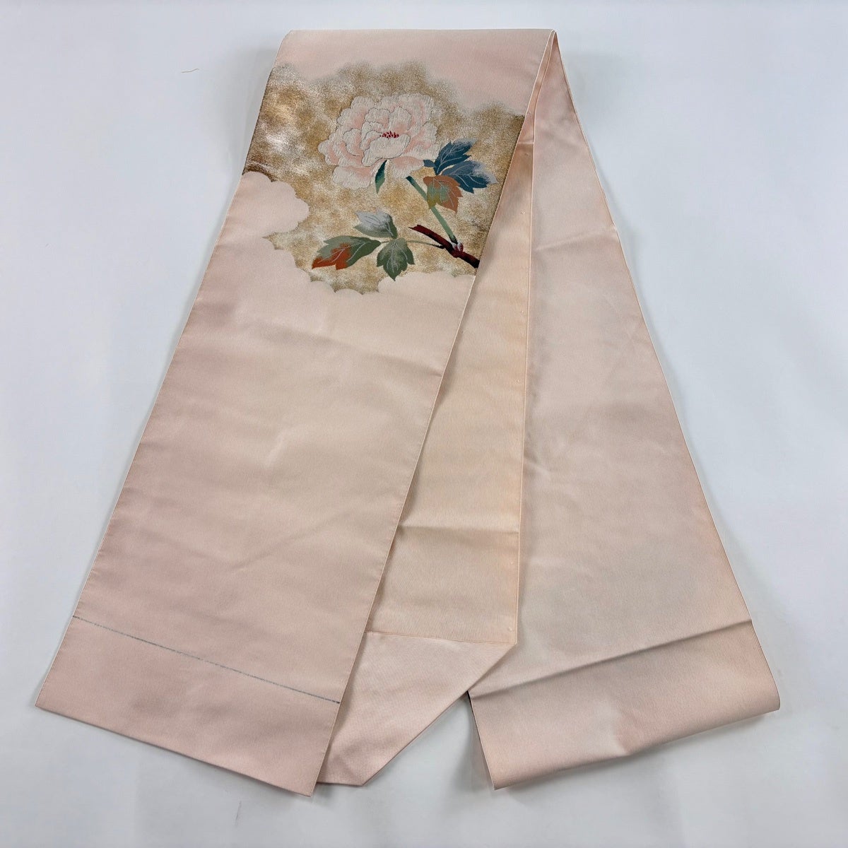 名古屋帯 優品 八寸名古屋帯 松葉仕立て 牡丹 金銀糸 薄ピンク 正絹