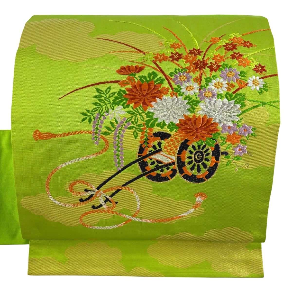 美品】 名古屋帯 優品 花車 雲文 金銀糸 箔 緑 正絹｜中古・古着