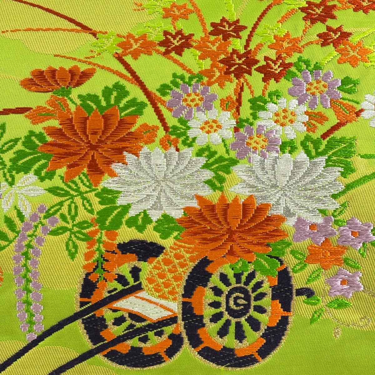美品】 名古屋帯 優品 花車 雲文 金銀糸 箔 緑 正絹｜中古・古着