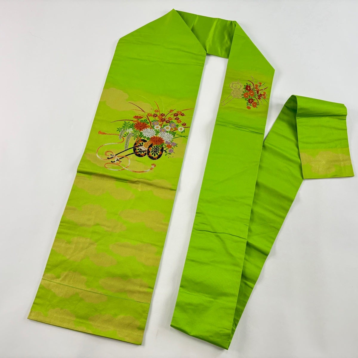 美品】 名古屋帯 優品 花車 雲文 金銀糸 箔 緑 正絹｜中古・古着