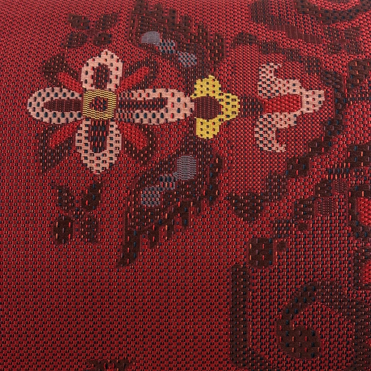 美品】 名古屋帯 優品 草花 幾何学模様 赤黒 正絹｜中古・古着
