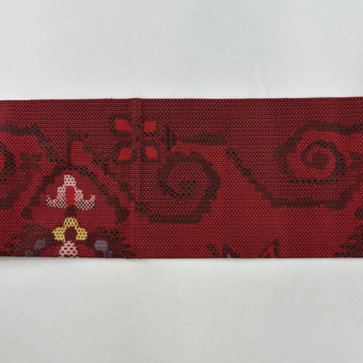 美品】 名古屋帯 優品 草花 幾何学模様 赤黒 正絹｜中古・古着