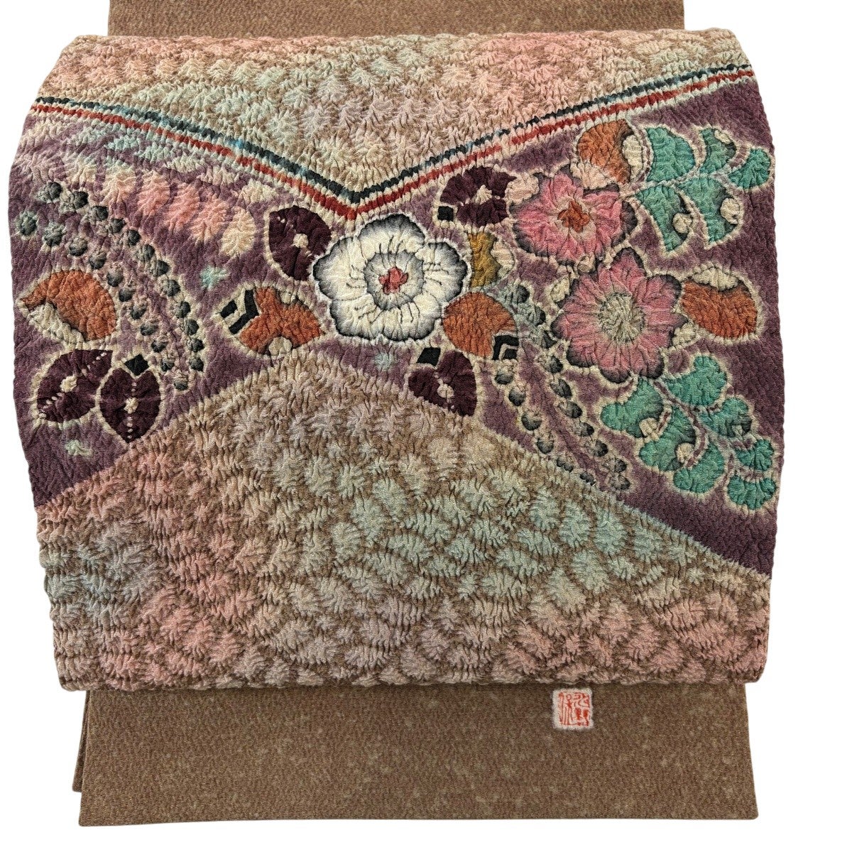 美品】 開き名古屋帯 逸品 落款あり 水野保 辻が花 ぼかし 縮緬 薄茶色