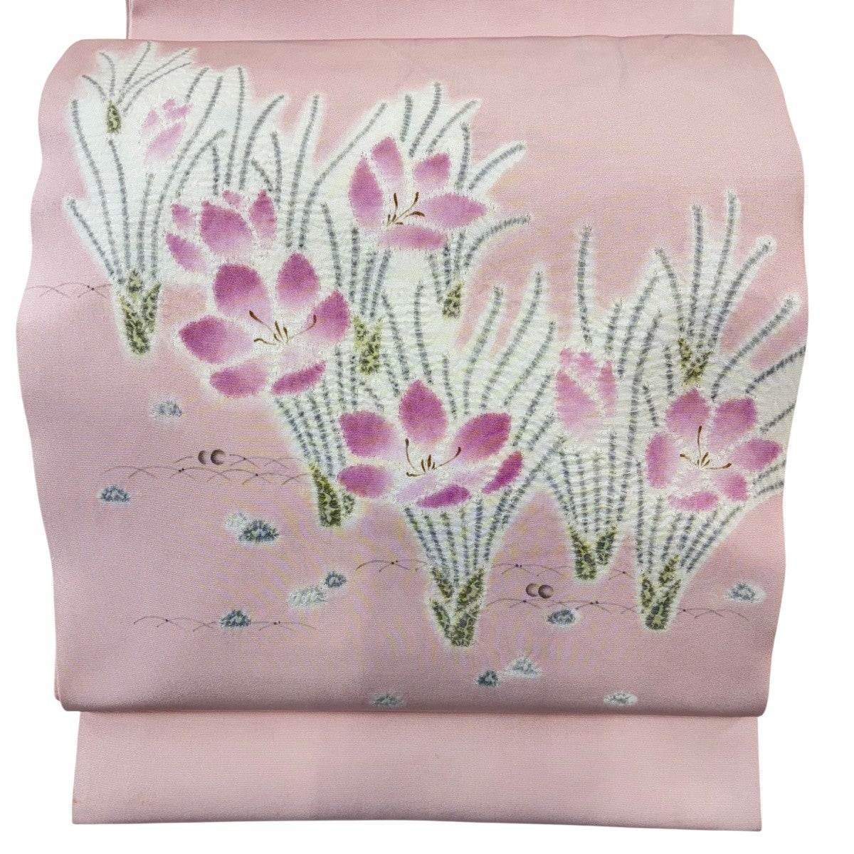 開き名古屋帯 逸品 福村廣利 落款あり 草花 絞り 薄ピンク 正絹｜中古